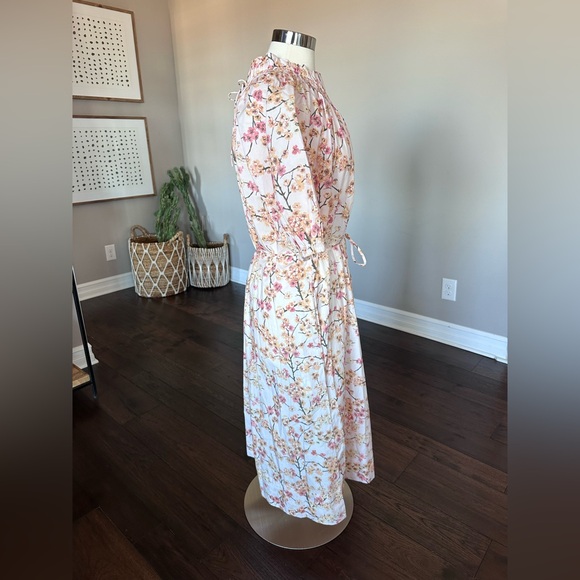 J. Crew Smocked Neck Puff-Sleeve Cotton Dress Pink Peach Cherry Blossoms LG NWT - Picture 4 of 14